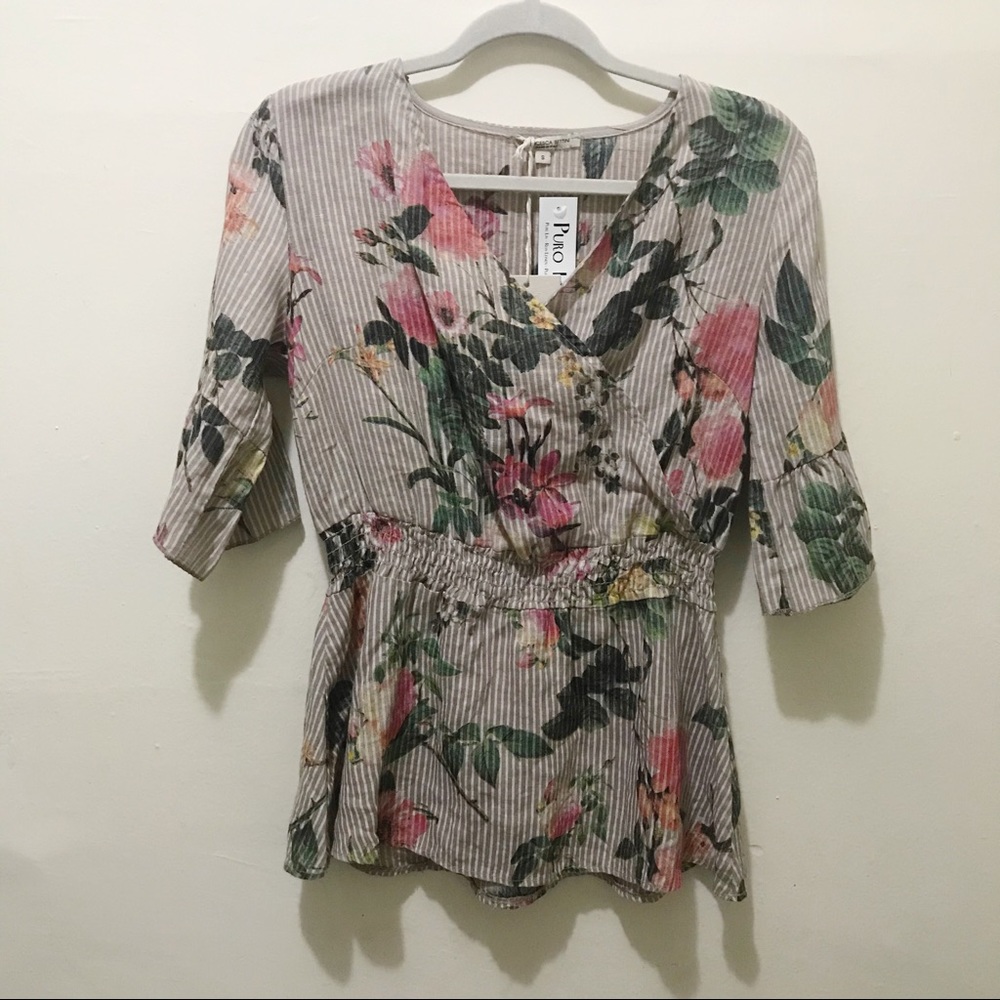 NWT Francesca Bettinni Linen Floral Faux wrapped blouse